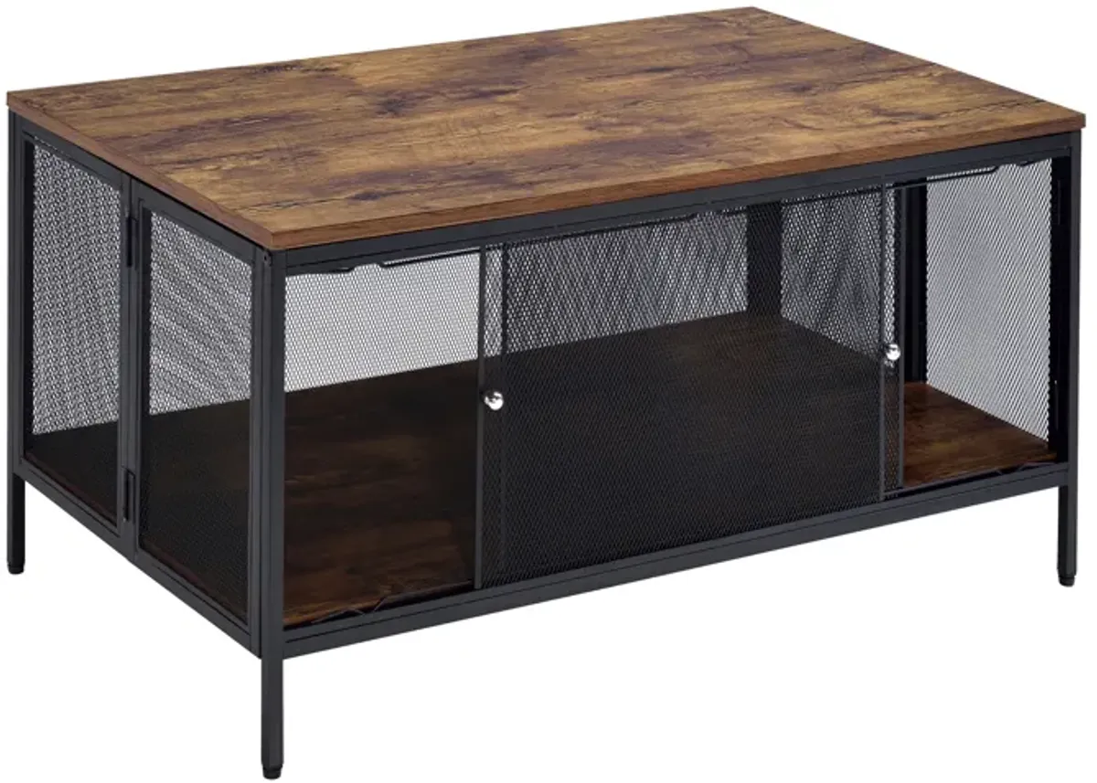 Antique Oak and Black Coffee Table with 4 Sliding Doors