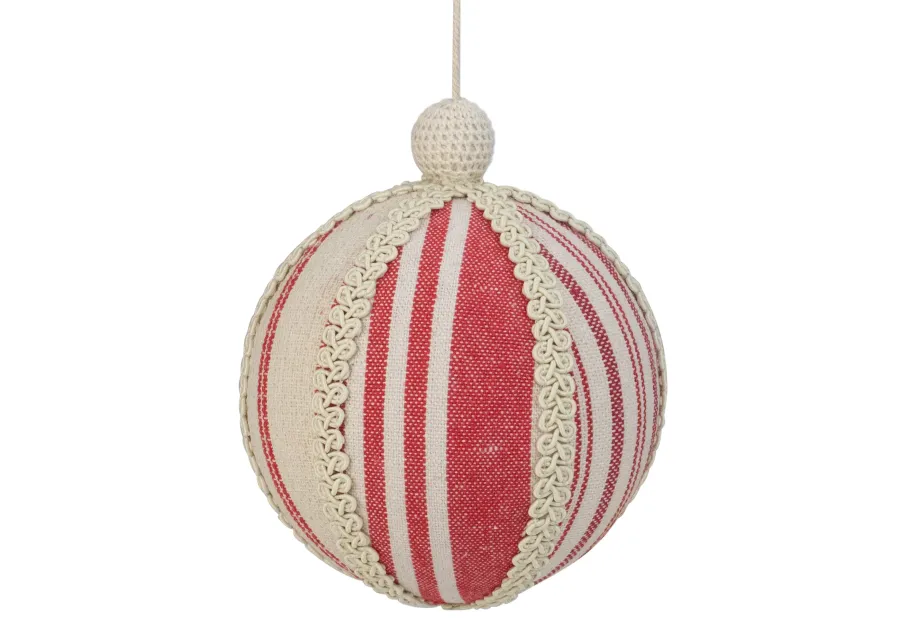 6" White and Red Striped Ball Christmas Ornament with Rope Accent