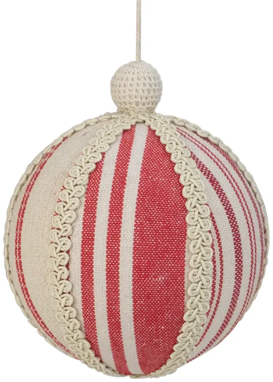 6" White and Red Striped Ball Christmas Ornament with Rope Accent