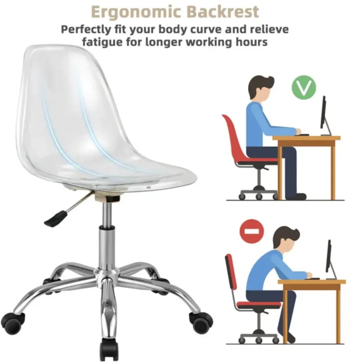 Hivvago Swivel Acrylic Armless Adjustable Height Office Chair