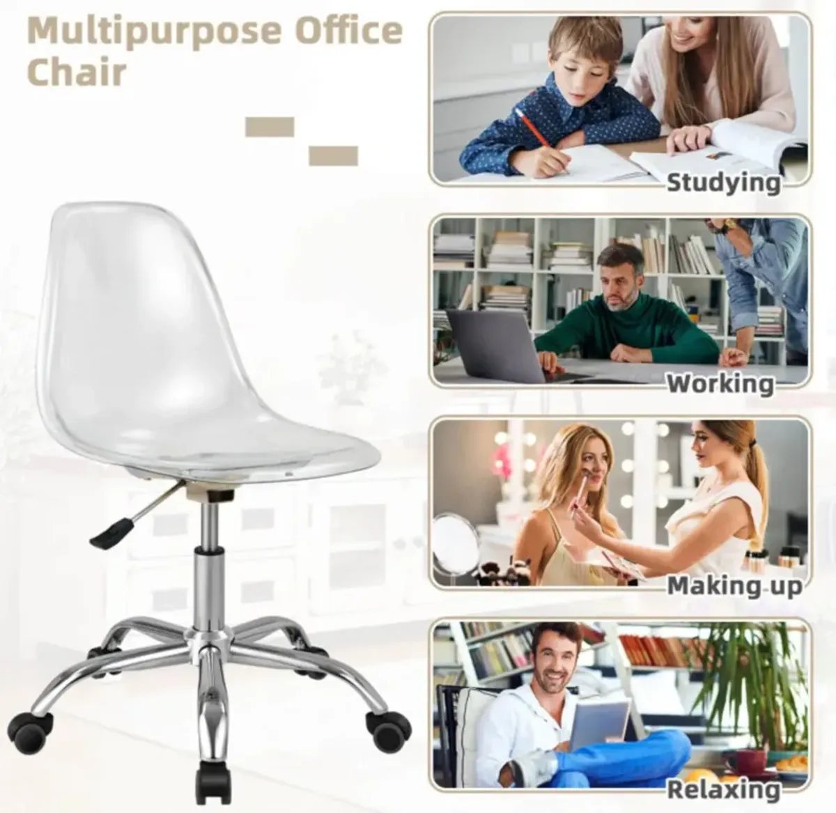 Hivvago Swivel Acrylic Armless Adjustable Height Office Chair