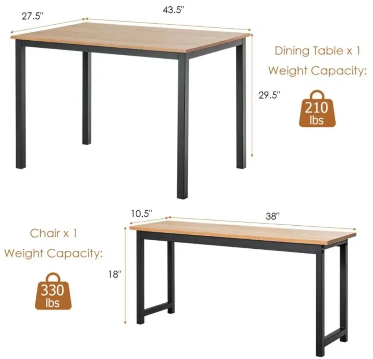 Hivvago 3 Pieces Dining Table Set with 2 Benches for Dining Room Kitchen Bar