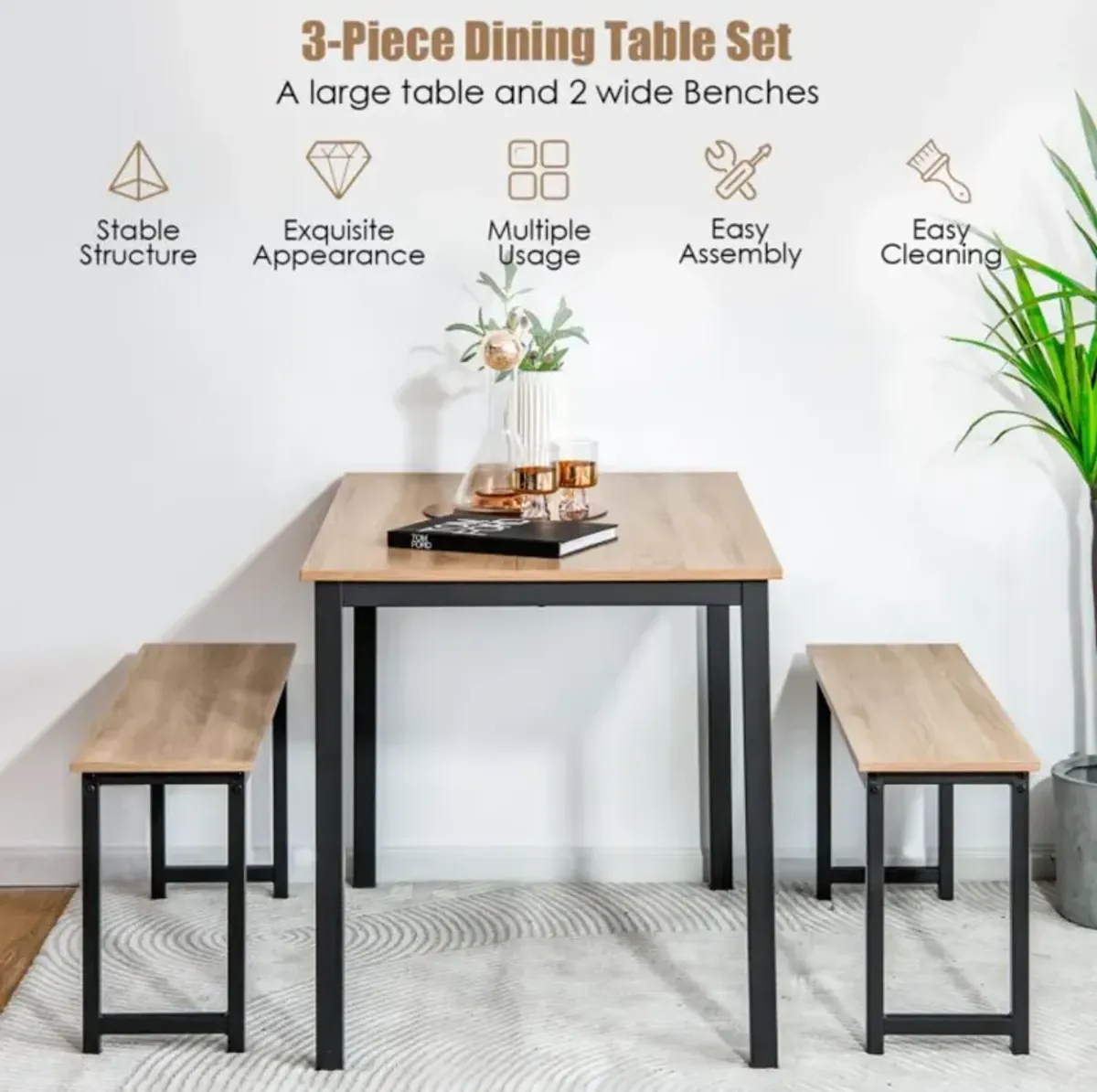 Hivvago 3 Pieces Dining Table Set with 2 Benches for Dining Room Kitchen Bar