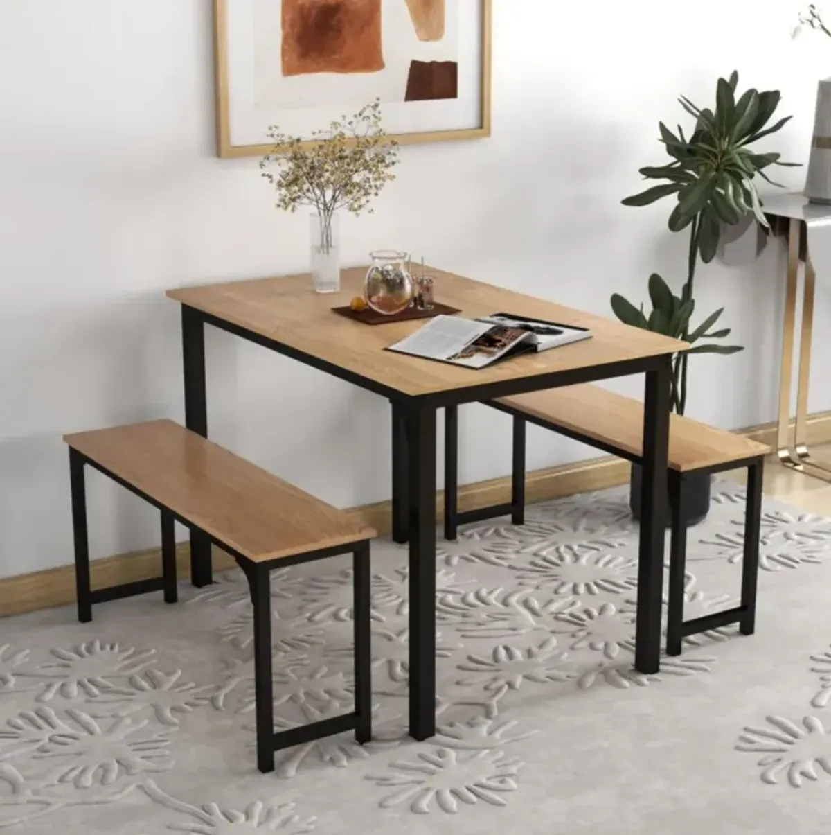 Hivvago 3 Pieces Dining Table Set with 2 Benches for Dining Room Kitchen Bar