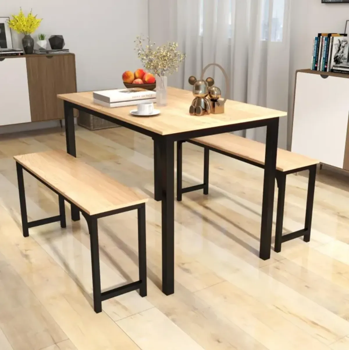 Hivvago 3 Pieces Dining Table Set with 2 Benches for Dining Room Kitchen Bar