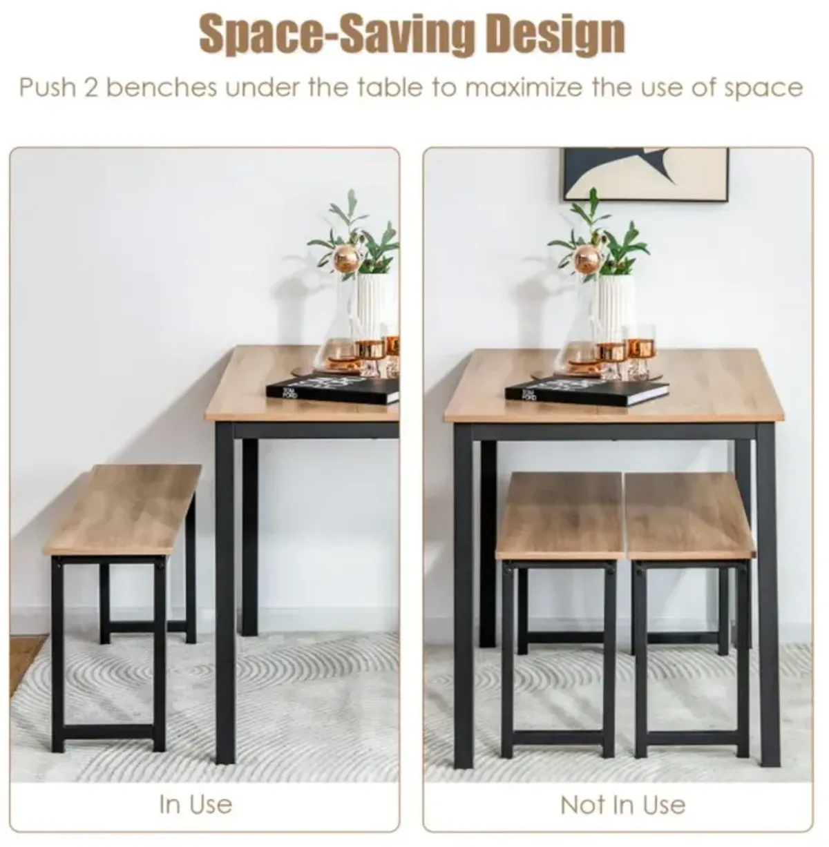 Hivvago 3 Pieces Dining Table Set with 2 Benches for Dining Room Kitchen Bar