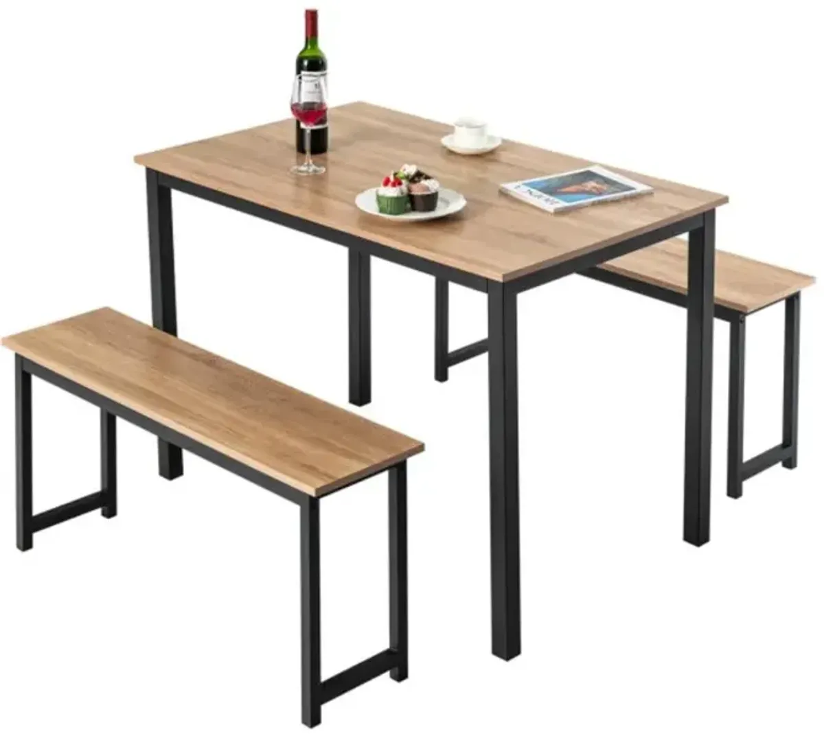 Hivvago 3 Pieces Dining Table Set with 2 Benches for Dining Room Kitchen Bar