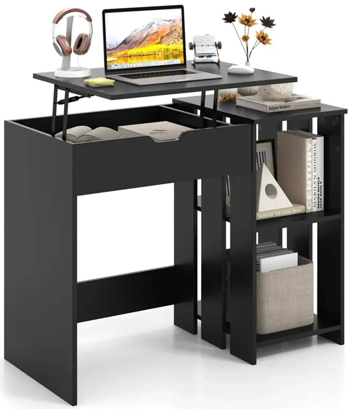 Space Saving Computer Desk with Hidden Compartment and Open Storage Shelves