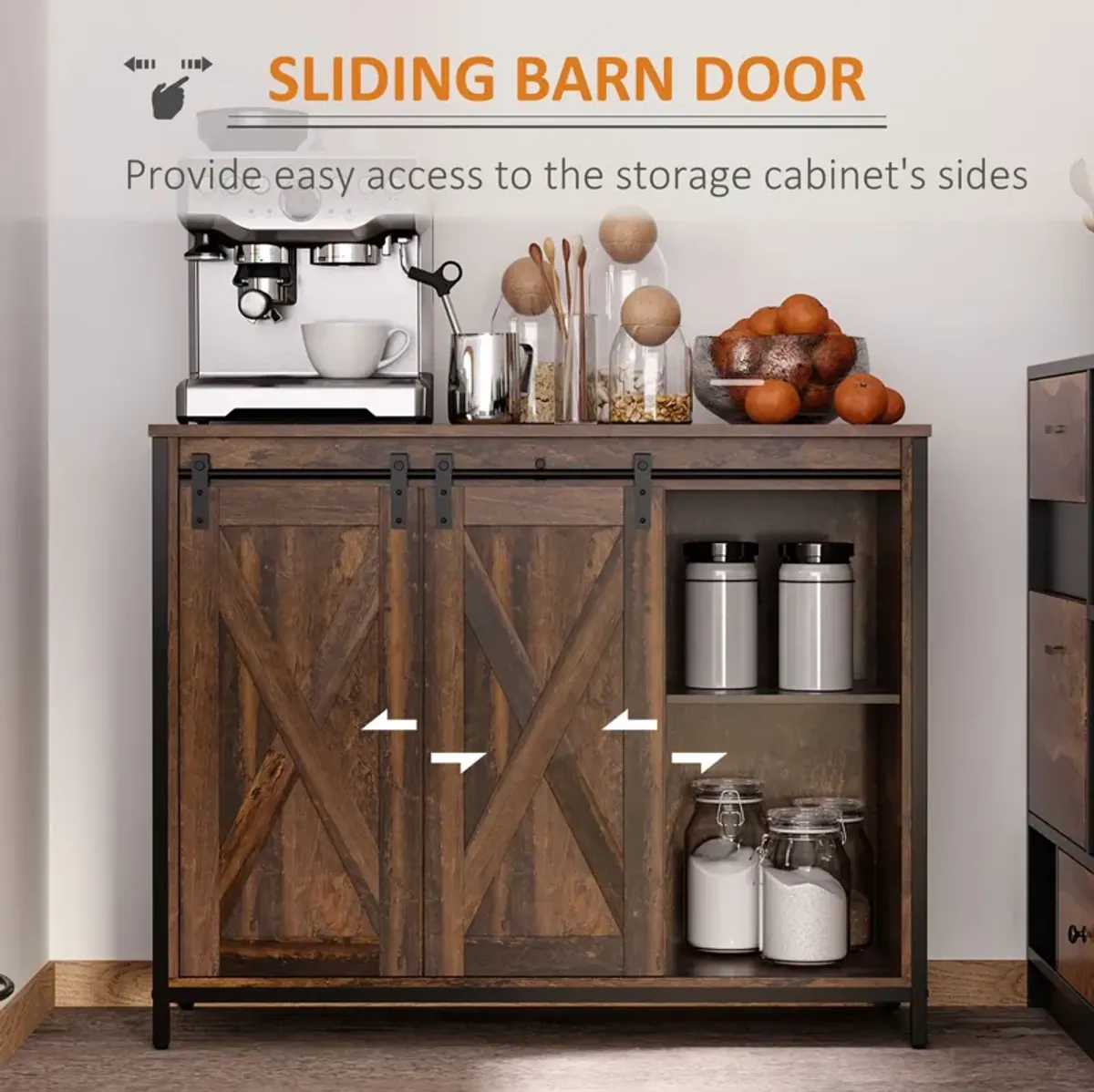 Rustic Brown Kitchen Storage: Buffet Cabinet with Barn Doors & Drawers