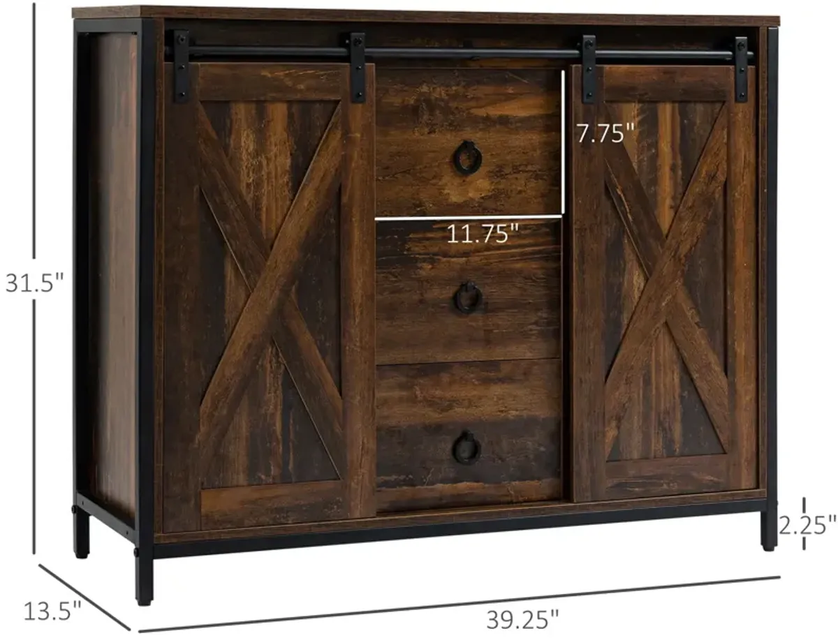 Rustic Brown Kitchen Storage: Buffet Cabinet with Barn Doors & Drawers