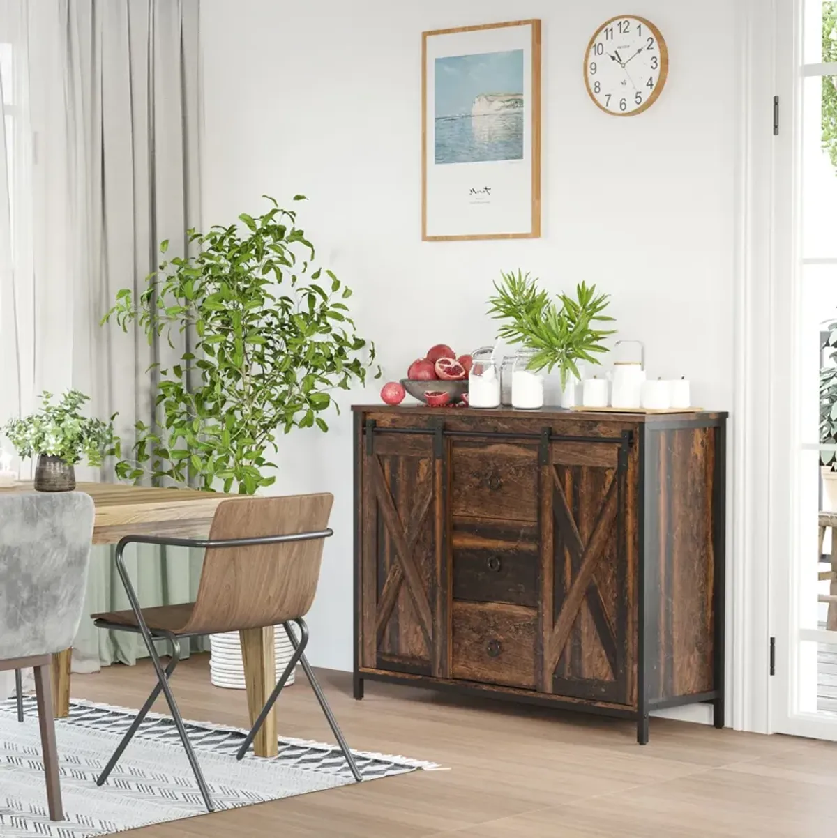 Rustic Brown Kitchen Storage: Buffet Cabinet with Barn Doors & Drawers