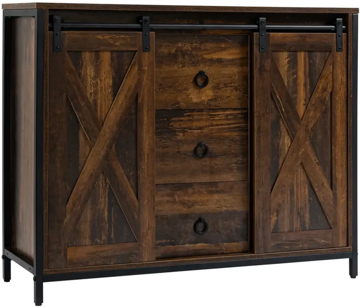 Rustic Brown Kitchen Storage: Buffet Cabinet with Barn Doors & Drawers