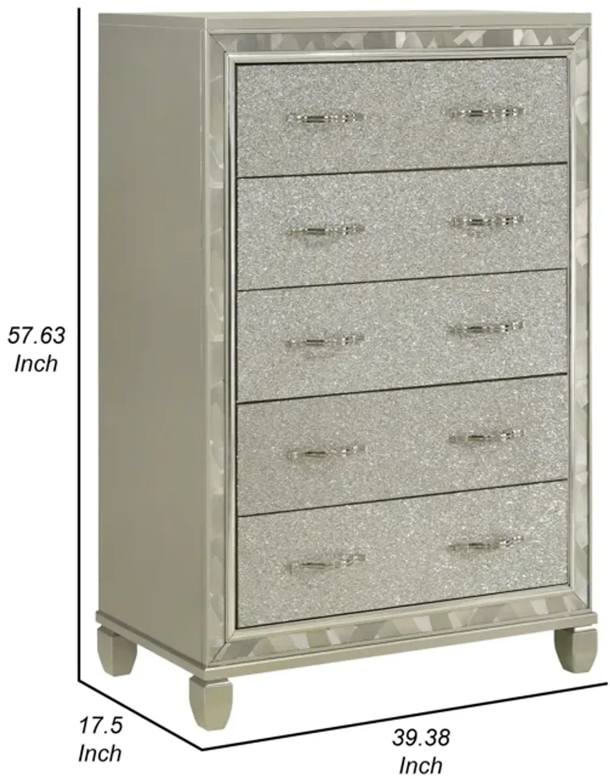 Benjara Bet 58 Inch Tall Dresser Chest, 5 Rhinestone Drawers, Handles, Silver, Chrome