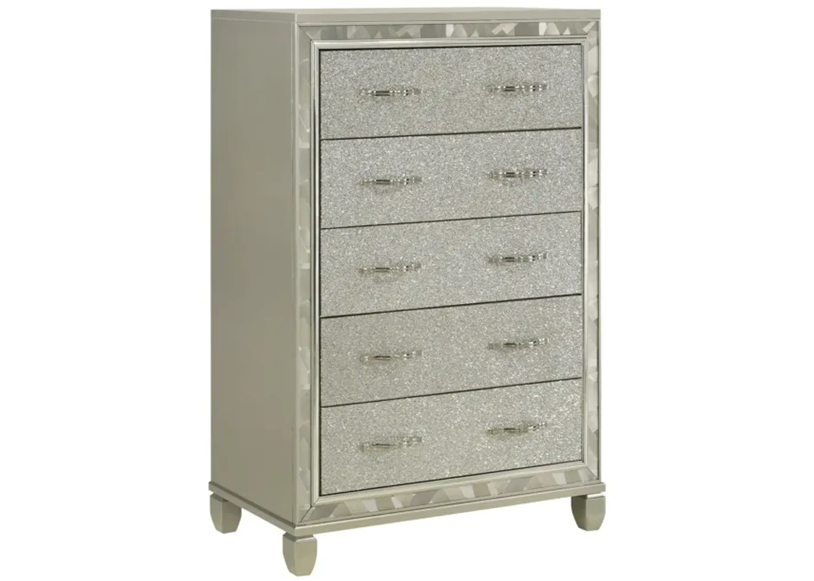 Benjara Bet 58 Inch Tall Dresser Chest, 5 Rhinestone Drawers, Handles, Silver, Chrome