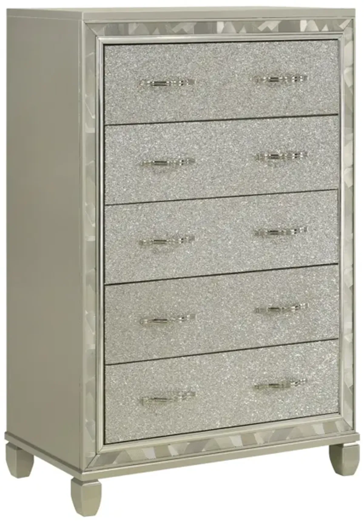 Benjara Bet 58 Inch Tall Dresser Chest, 5 Rhinestone Drawers, Handles, Silver, Chrome