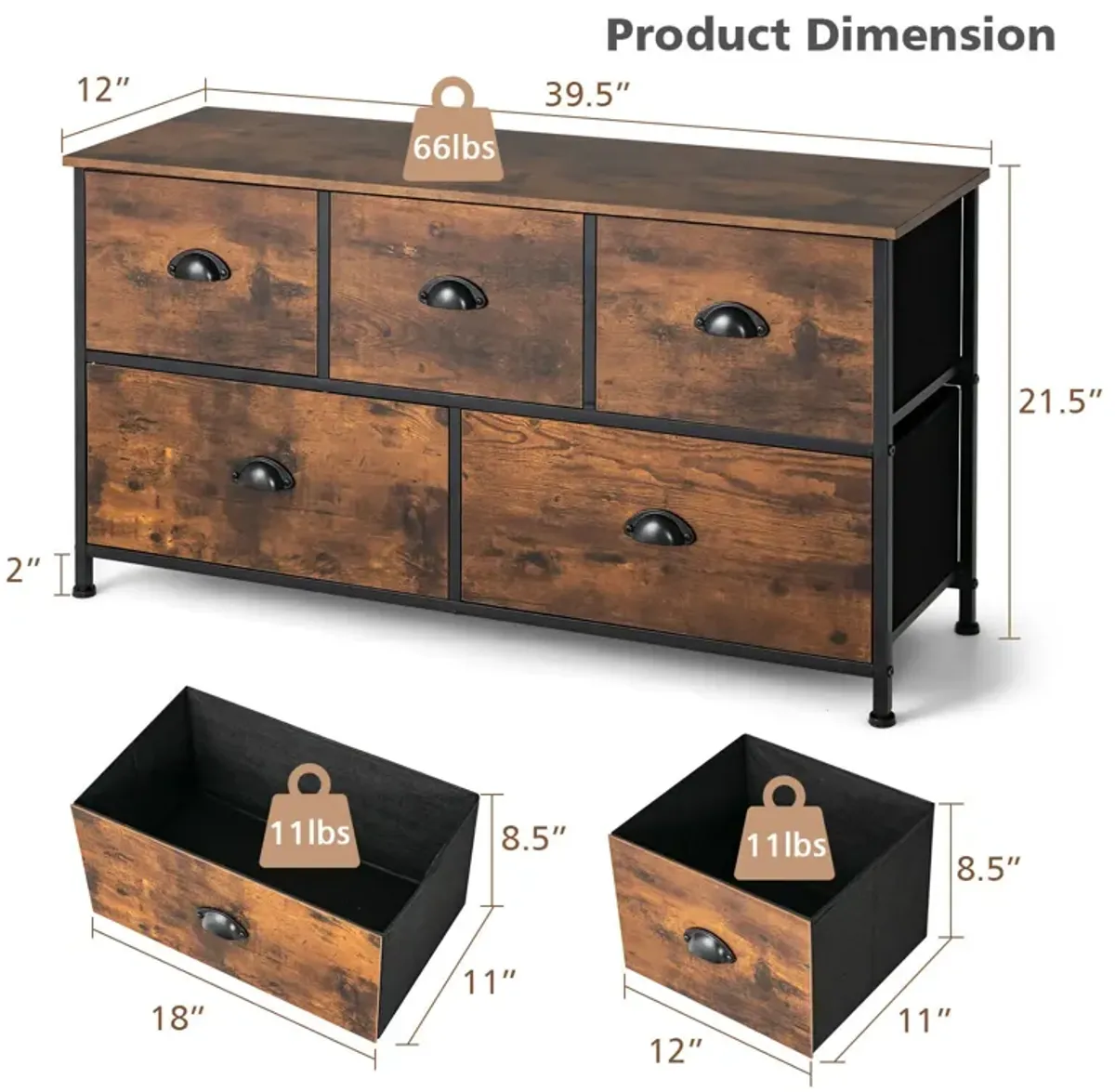 Dresser Organizer with 5 Drawers and Wooden Top-Rustic Brown