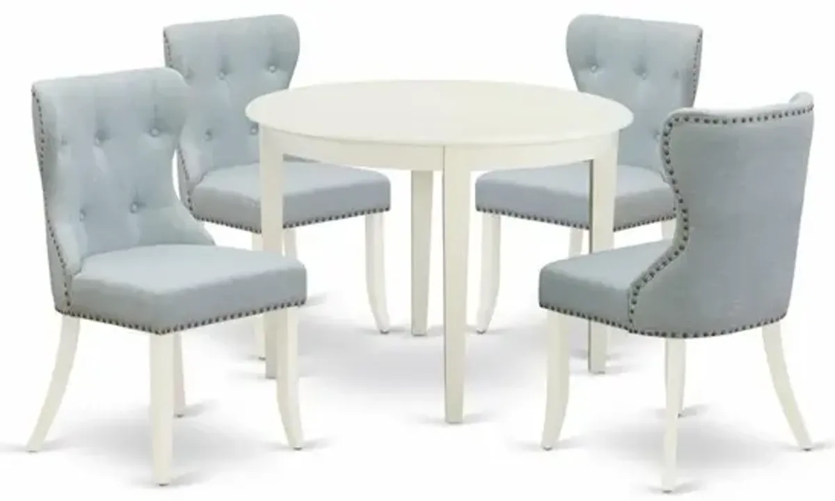 East-West Furniture BOSI5-WHI-15 - A wooden dining table set of 4 wonderful dining room chairs with Linen Fabric Baby Blue color and a gorgeous wooden dining table with Linen White color