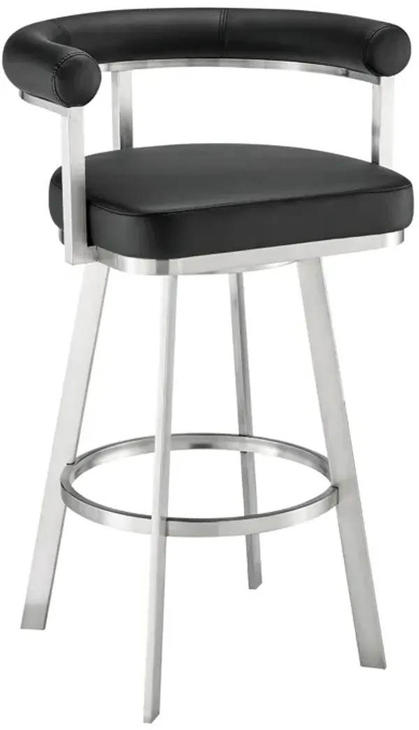 Weni 26 Inch Swivel Counter Stool Chair, Barrel Open Back, Chrome, Black - Benzara