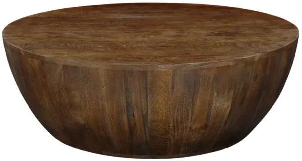 Arthur Coffee Table | 35.5" Round Top | Drum Shaped Sandblasted Walnut Brown Mango Wood