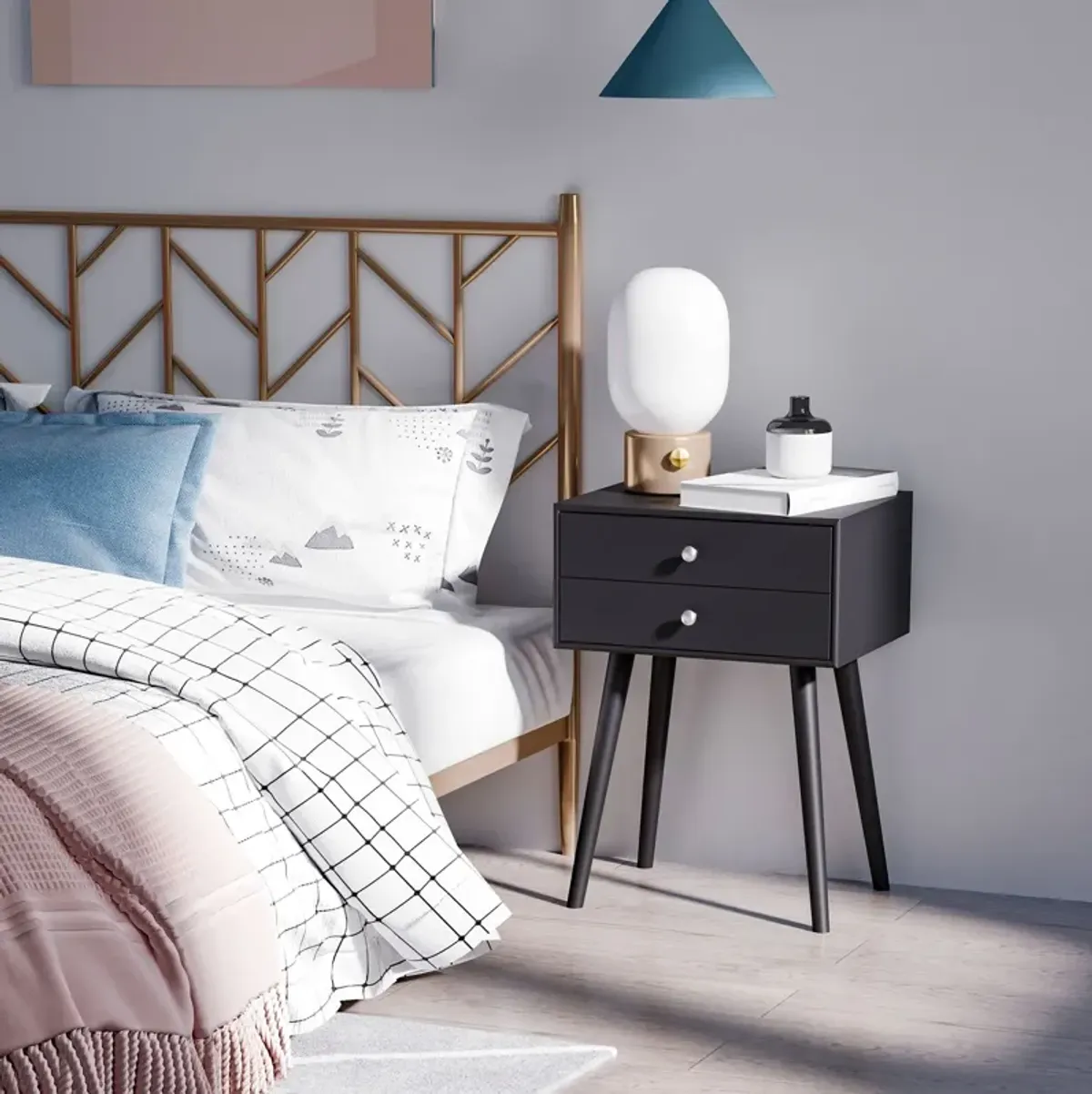 Black Bedroom Accent: Mid Century Side Table with 2 Drawers