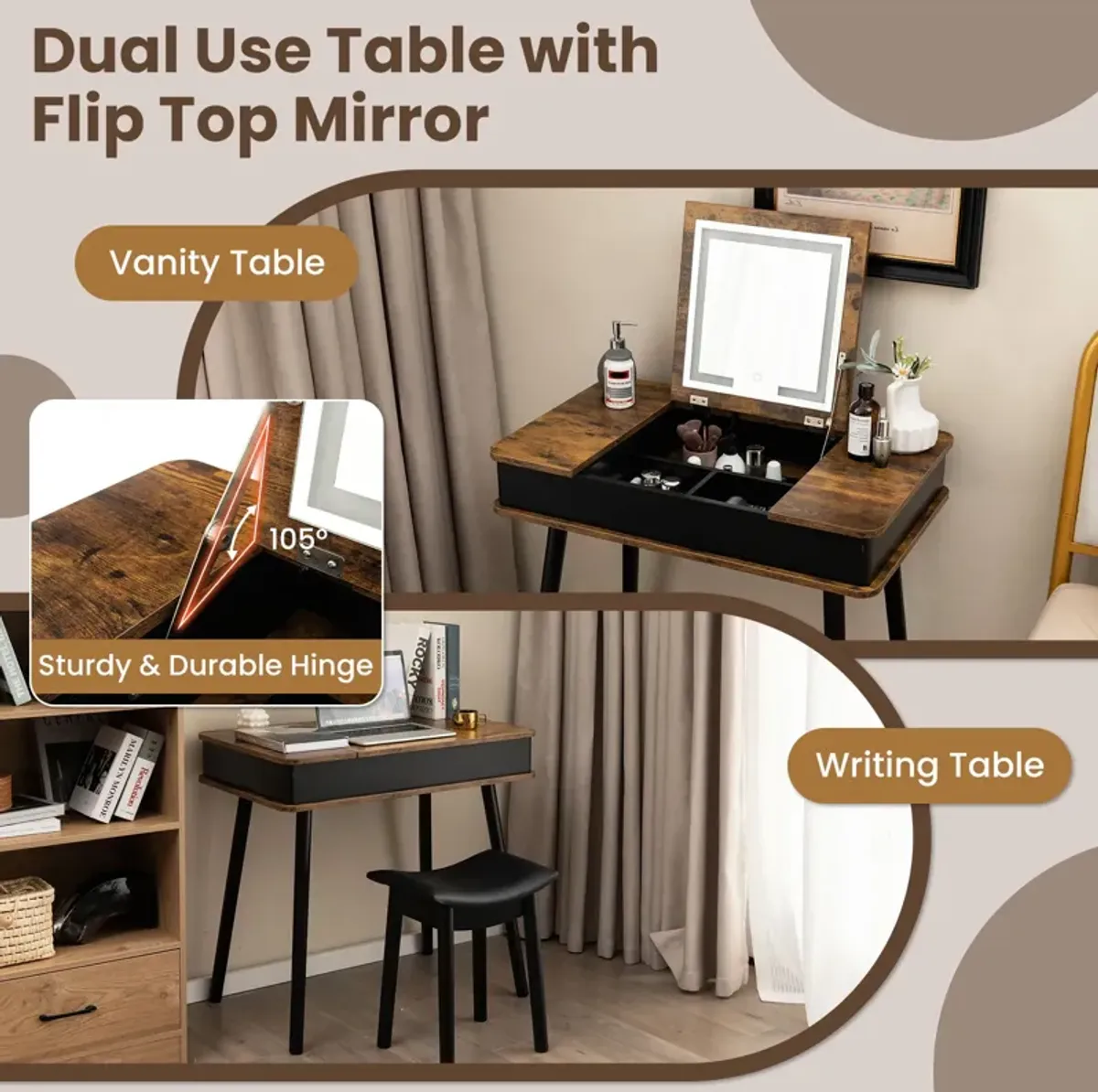 Vanity Table Set with Flip Top Mirror Lights USB Writing Desk and Stool-Brown