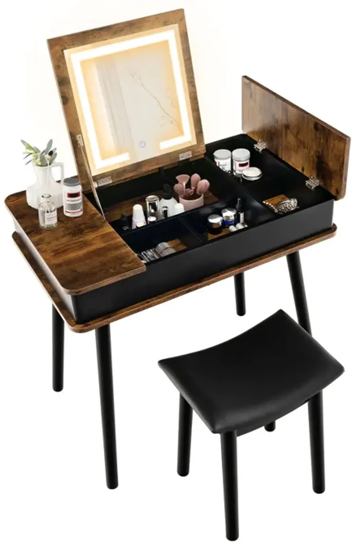 Vanity Table Set with Flip Top Mirror Lights USB Writing Desk and Stool-Brown