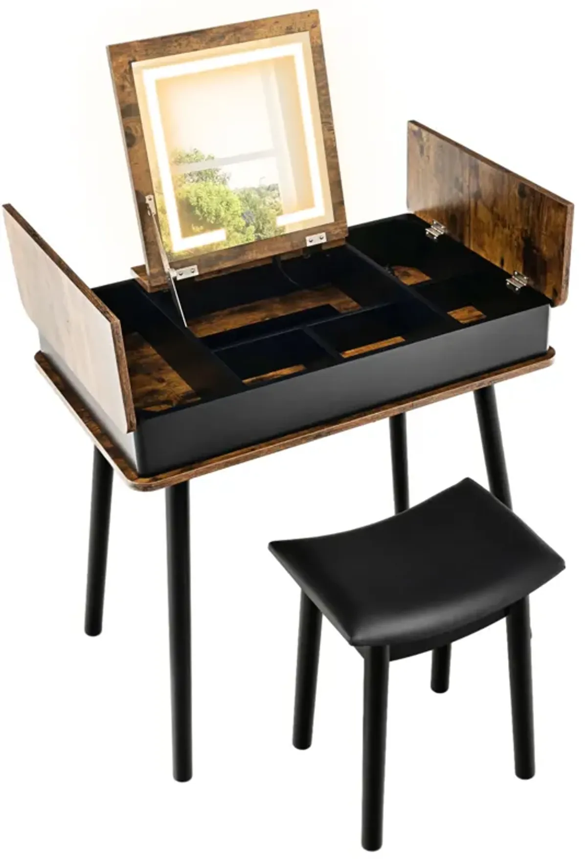 Vanity Table Set with Flip Top Mirror Lights USB Writing Desk and Stool-Brown