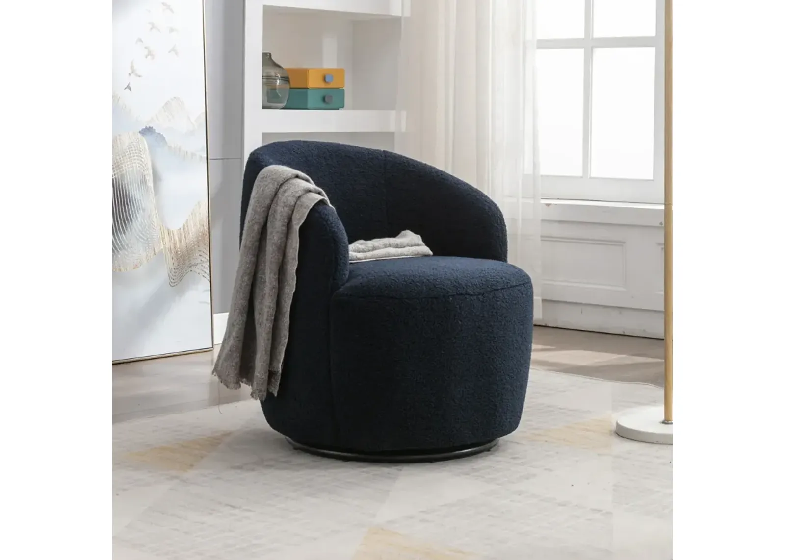 Teddy Fabric Swivel Accent Armchair Barrel Chair With Powder Coating Metal Ring, Dark