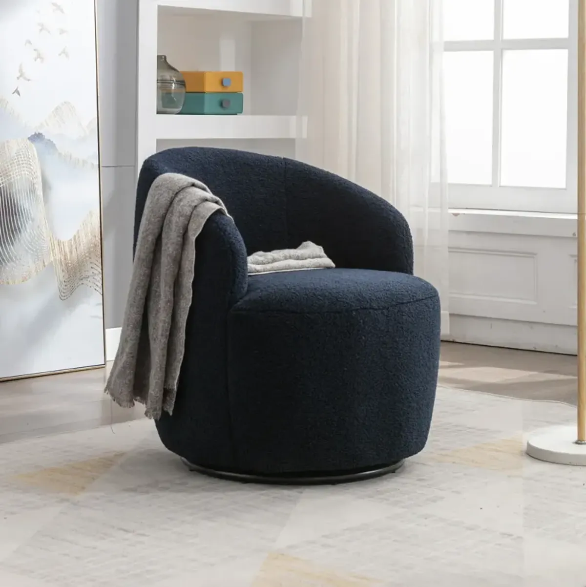 Teddy Fabric Swivel Accent Armchair Barrel Chair With Powder Coating Metal Ring, Dark