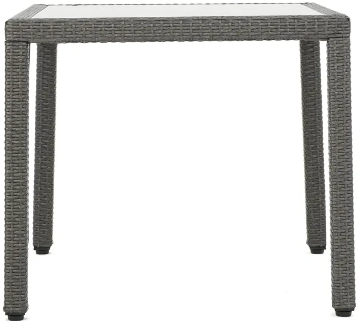 Yuzu Outdoor Dining Table, 34 Inch Square Glass Top, Gray Faux Wicker - Benzara