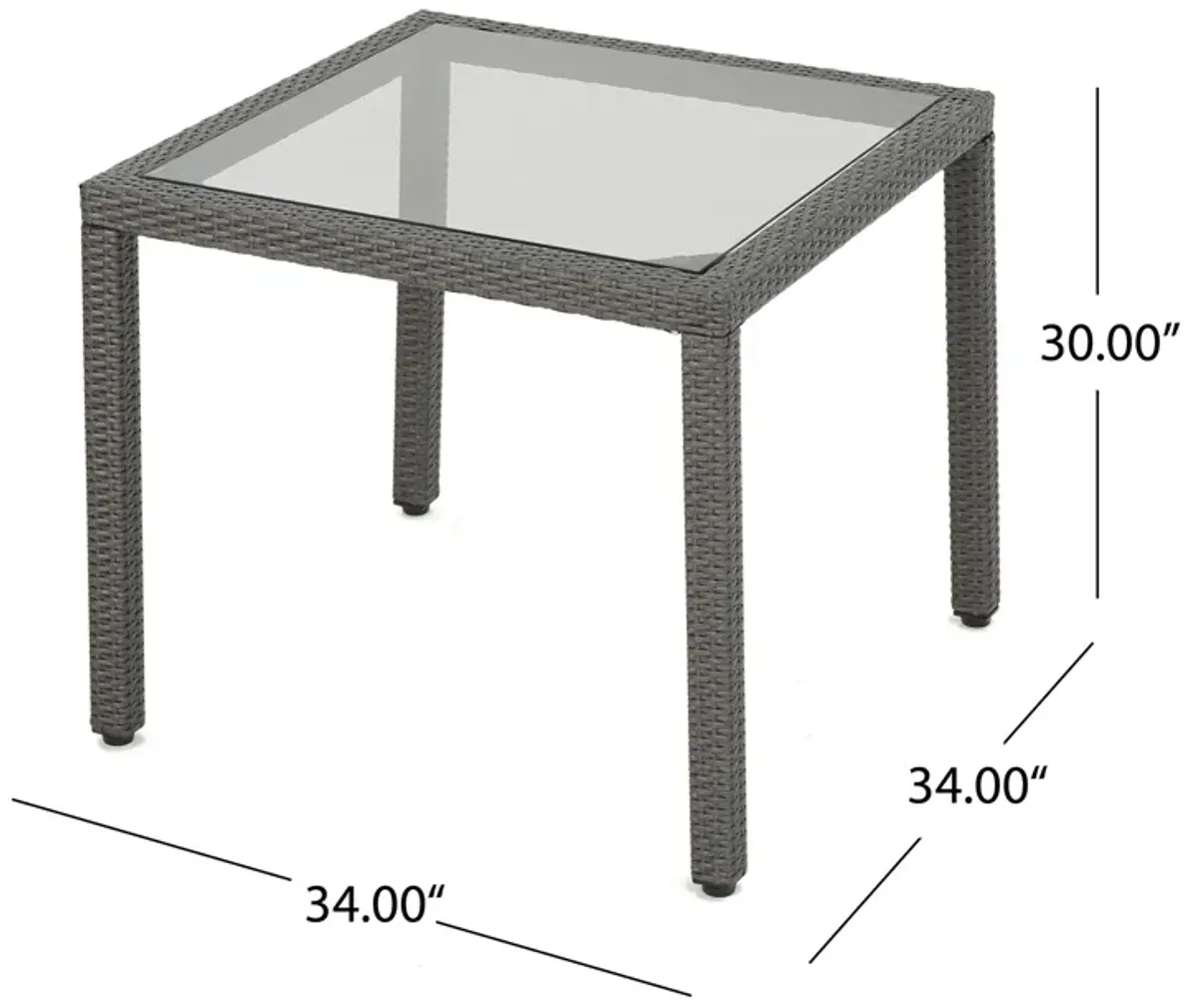 Yuzu Outdoor Dining Table, 34 Inch Square Glass Top, Gray Faux Wicker - Benzara