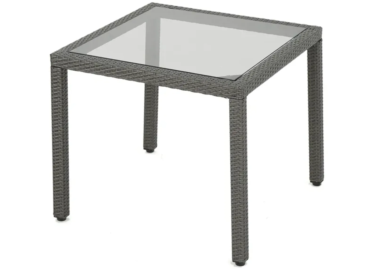 Yuzu Outdoor Dining Table, 34 Inch Square Glass Top, Gray Faux Wicker - Benzara