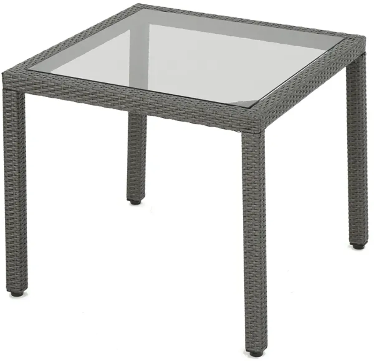 Yuzu Outdoor Dining Table, 34 Inch Square Glass Top, Gray Faux Wicker - Benzara