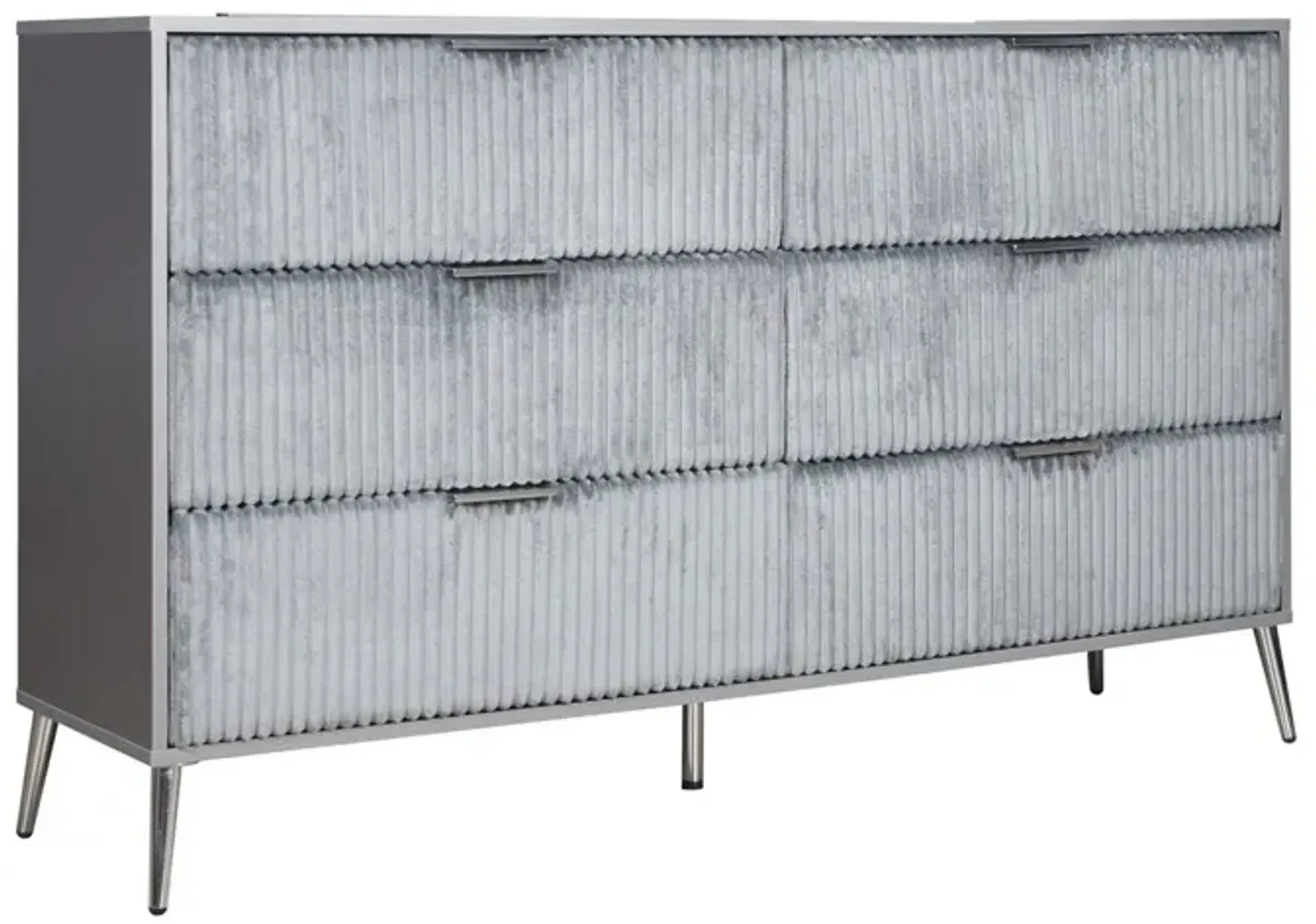 Benjara, Gray, Nickel Moko 58 Inch Wide Dresser, 6 Soft Upholstered Drawers