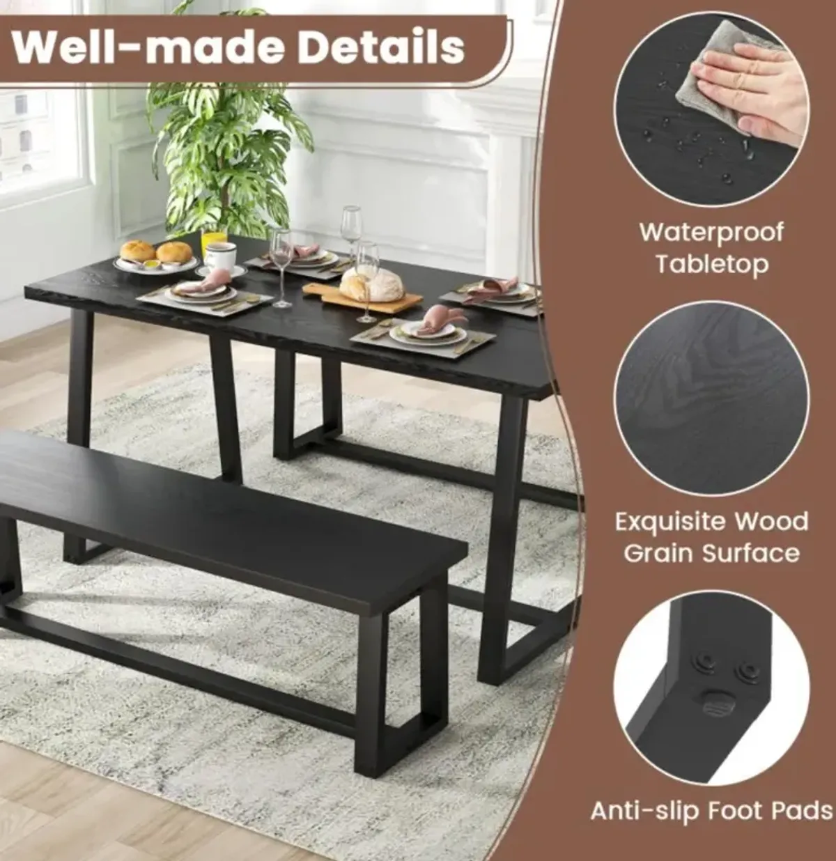 Hivvago Large Dining Table with Heavy-duty Metal Frame and Anti-slip Foot Pads