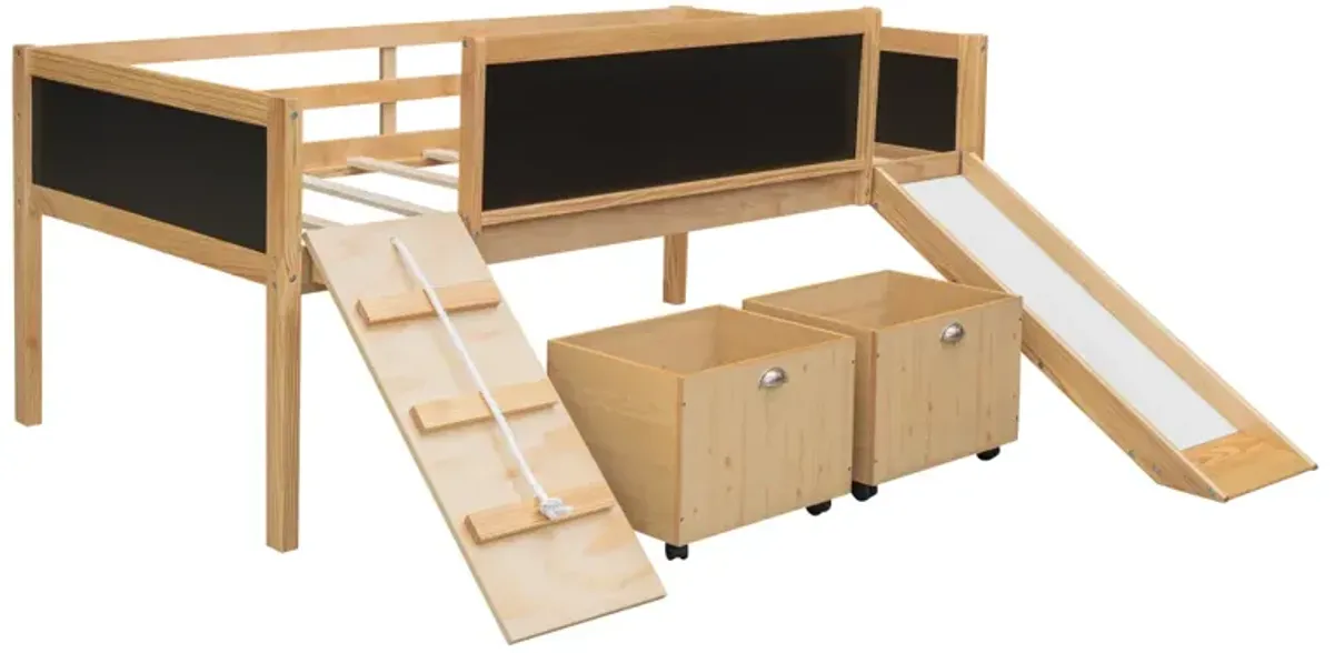 Twin size Loft Bed Wood Bed with Two Storage Boxes