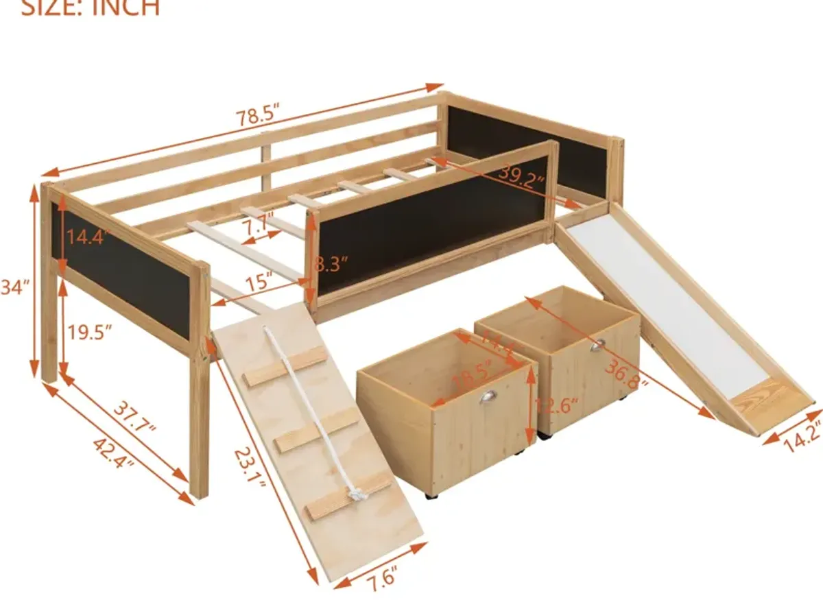 Twin size Loft Bed Wood Bed with Two Storage Boxes