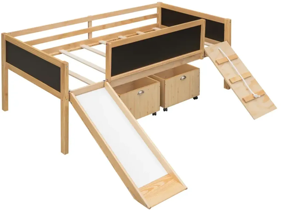 Twin size Loft Bed Wood Bed with Two Storage Boxes