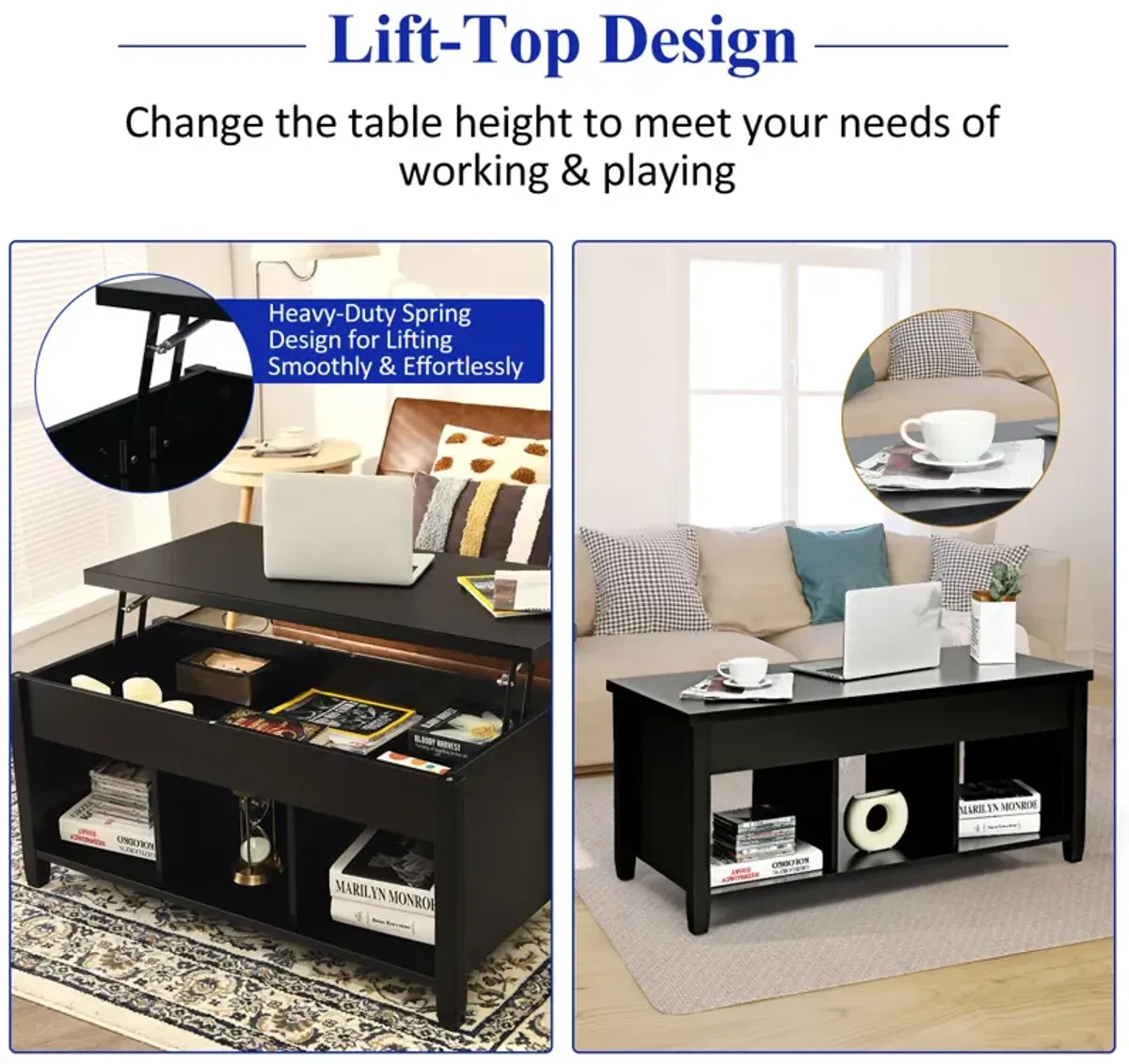 Lift Top Coffee Table with Storage Lower Shelf