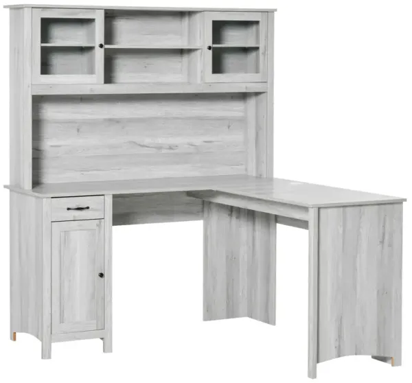 Gray Home Office Hub: Corner Computer Desk with Drawers and Hutch