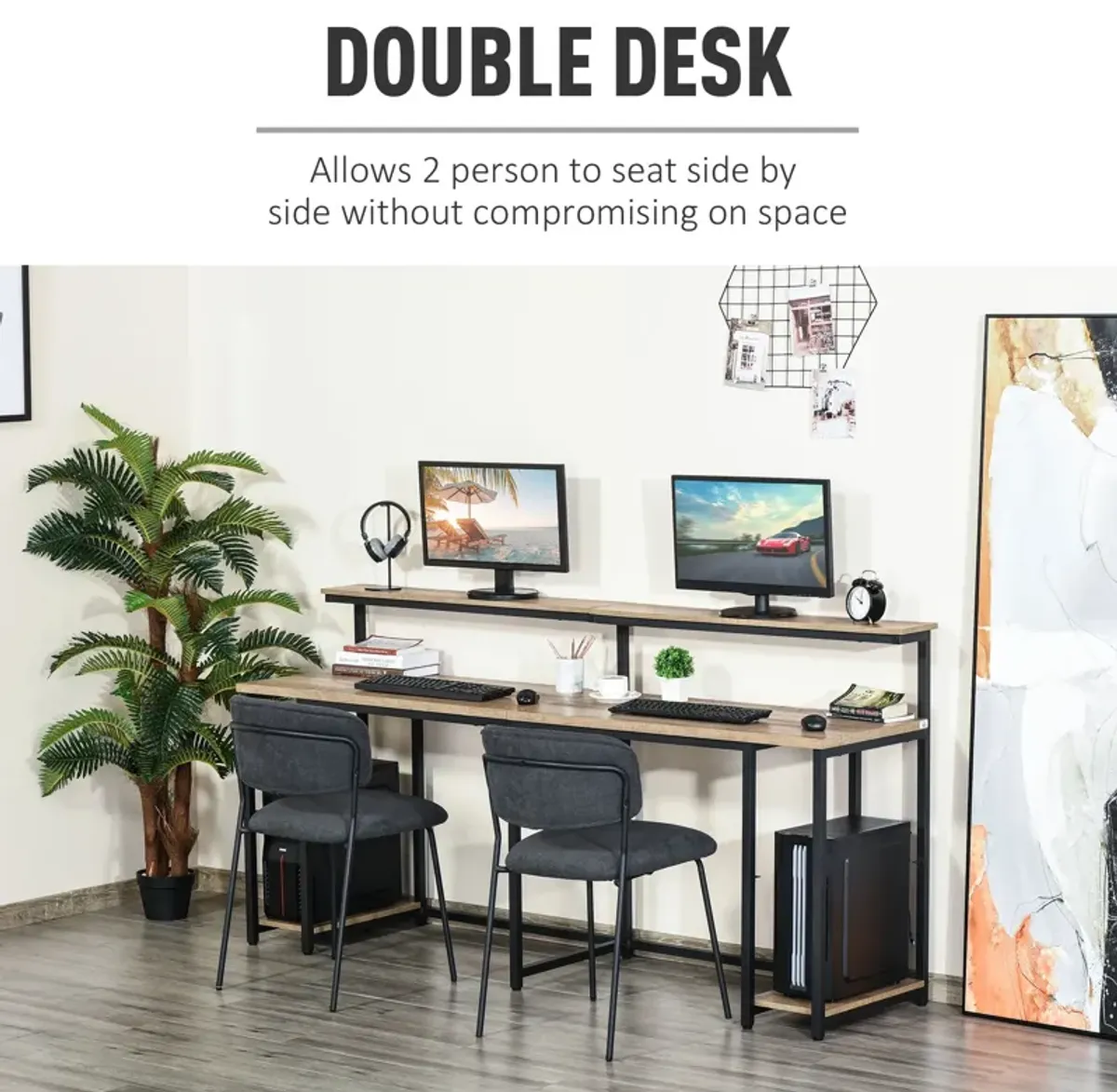 Black/Light Brown Workspace: 2-Person Desk with Monitor Rack and Shelves