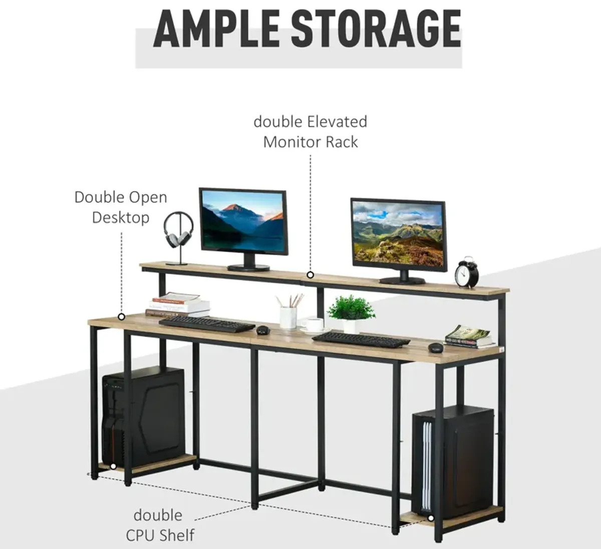 Black/Light Brown Workspace: 2-Person Desk with Monitor Rack and Shelves