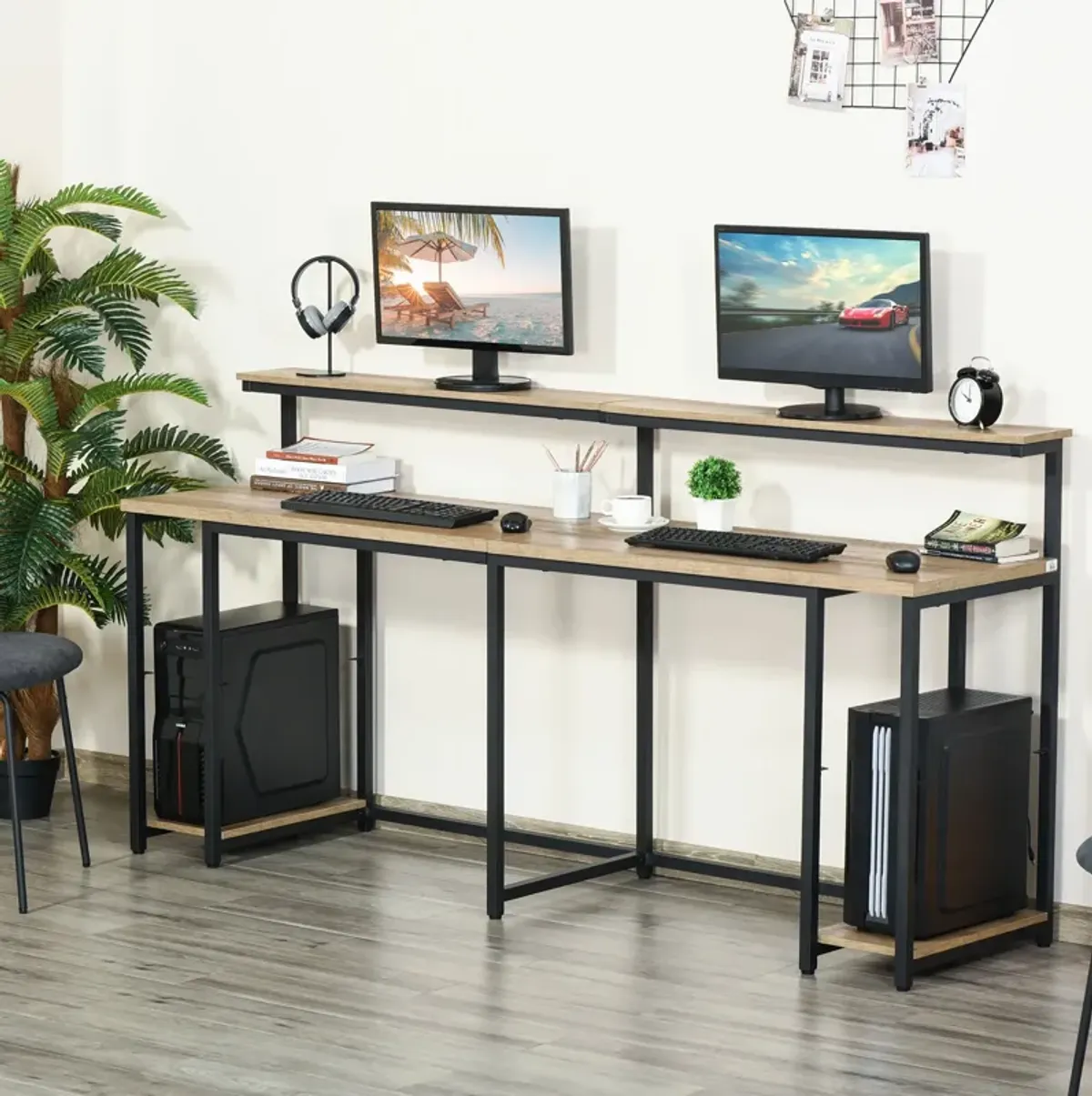 Black/Light Brown Workspace: 2-Person Desk with Monitor Rack and Shelves