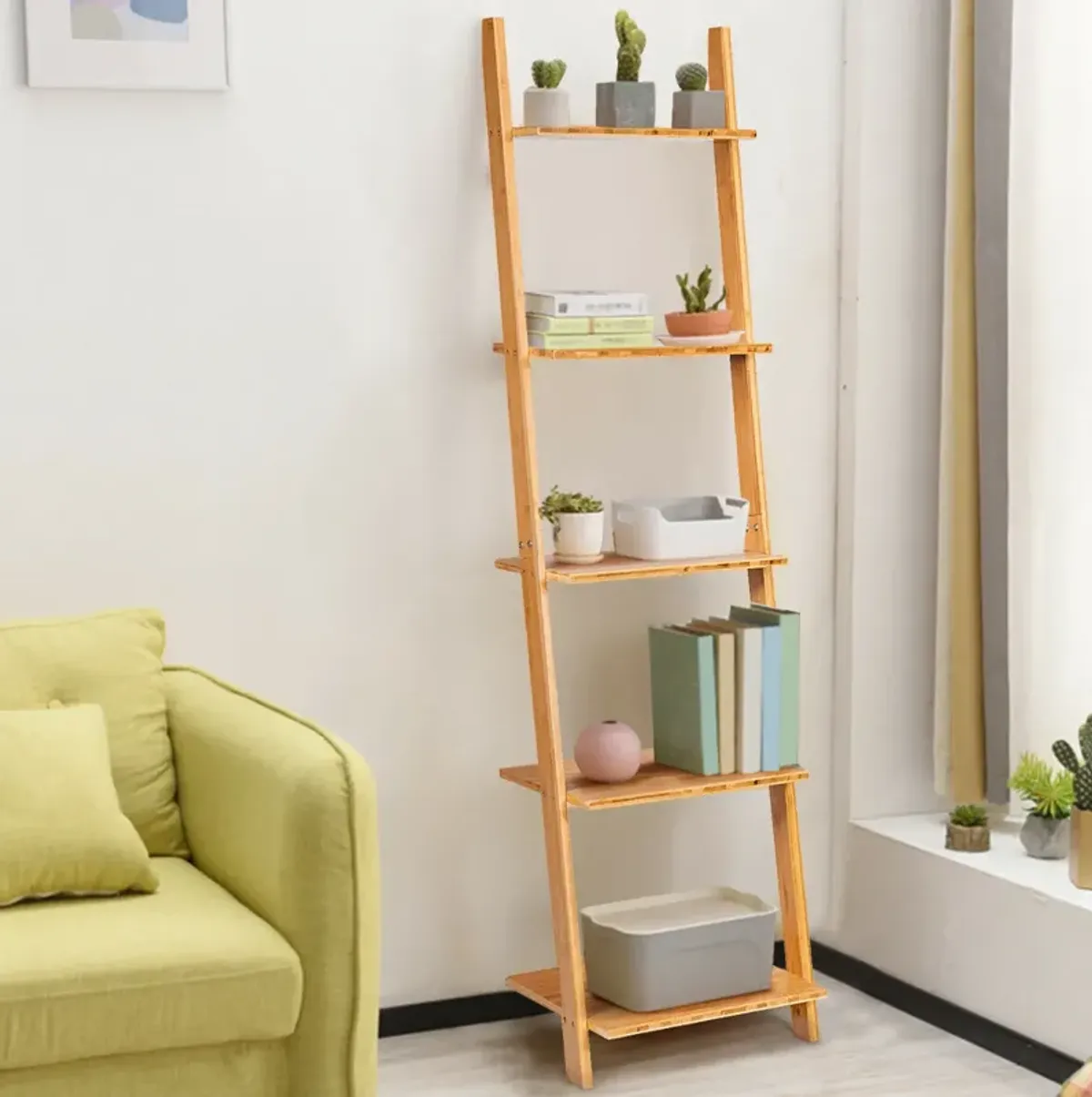 5-Tier Modern Bamboo Wall-Leaning Display Ladder Bookshelf