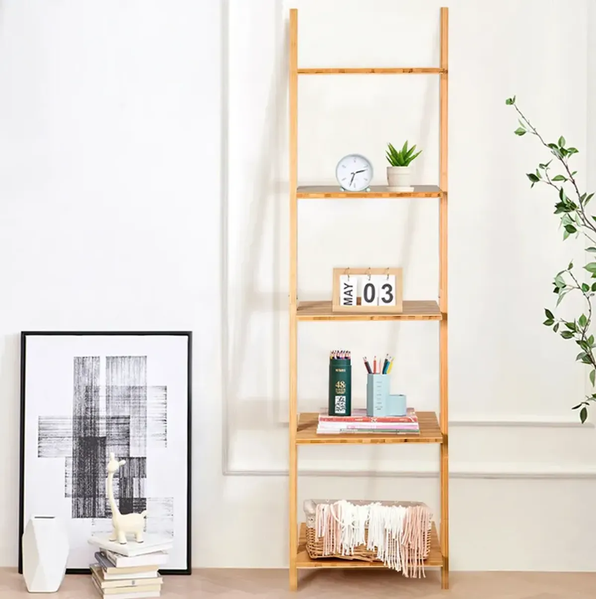 5-Tier Modern Bamboo Wall-Leaning Display Ladder Bookshelf