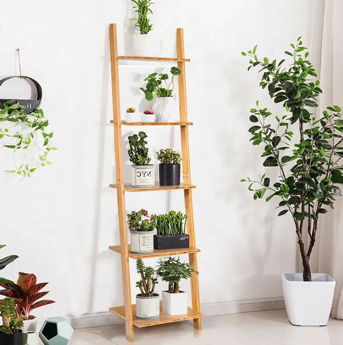 5-Tier Modern Bamboo Wall-Leaning Display Ladder Bookshelf