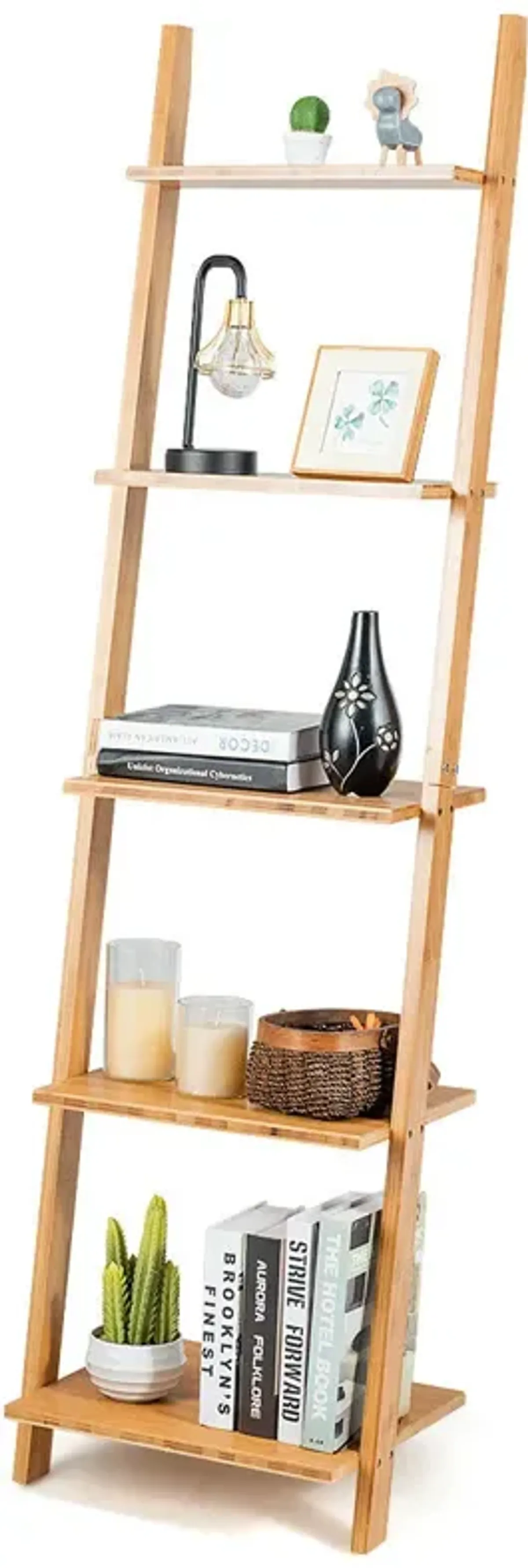 5-Tier Modern Bamboo Wall-Leaning Display Ladder Bookshelf