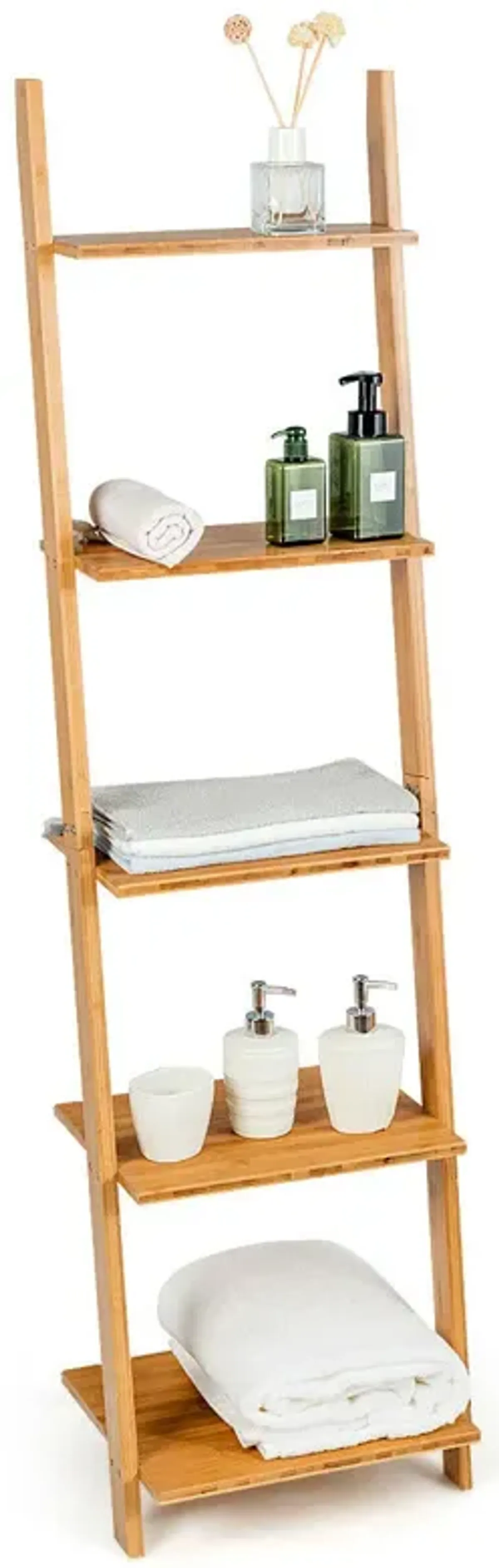 5-Tier Modern Bamboo Wall-Leaning Display Ladder Bookshelf