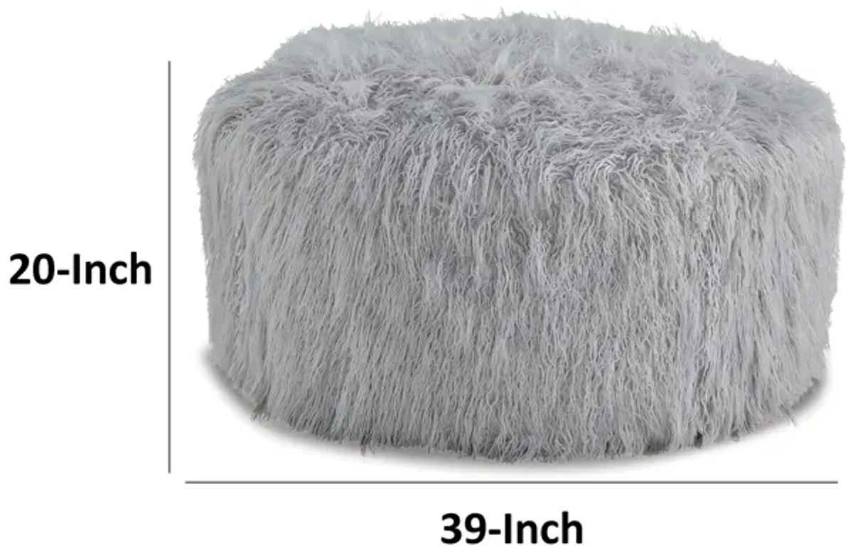 Lacey Oversized Accent Ottoman, Light Gray Faux Fur, Soft Cushion, 39 Inch - Benzara