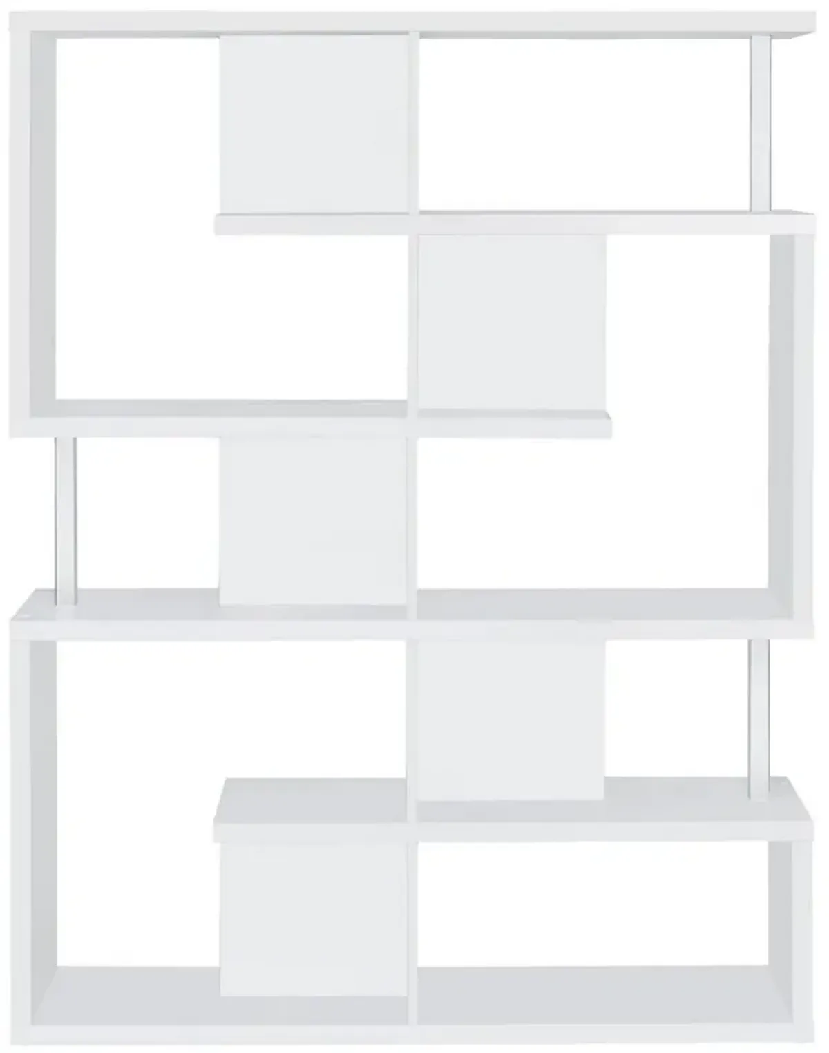 Splendid white bookcase With Chrome Support Beams-Benzara